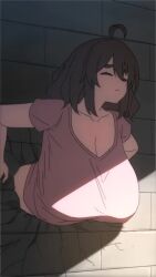 1girls ahoge animated big_breasts bouncing_breasts breasts brown_hair cleavage closed_eyes female female_focus female_only hanging_breasts huge_breasts kaynimatic large_breasts medium_hair panting shirt shorter_than_10_seconds struggling stuck stuck_in_wall tagme through_wall video