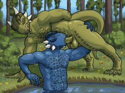 2boys abs anthro argonian ass balls bethesda_game_studios biceps big_balls blue_body blue_eyes blue_scales butt_grab duo erection fellatio forest gay genitals glistening glistening_balls glistening_body glistening_genitalia glistening_penis hand_on_butt horn humanoid_genitalia humanoid_penis looking_pleasured male male/male male_only microsoft muscular muscular_anthro muscular_male nature nature_background nude oral oral_penetration outside pecs penetration penile penis plant reptile scales scalie sex shen_(archshen) spikes tail tall_lizzard_(artist) the_elder_scrolls tree tristen vein veiny_penis wet yaoi