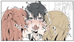 3girls black_hair blonde_hair hikigaya_hachiman isshiki_iroha japanese_text my_teen_romantic_comedy_snafu oekaki1man triple_kiss yuigahama_yui yukinoshita_yukino yuri yuri_with_male_audience