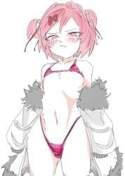 1female 1girls bare_shoulders blush blush_lines blushing colored colored_eyes doki_doki_literature_club exspiravitbag female_focus natsuki_(doki_doki_literature_club) navel pink_eyes pink_hair