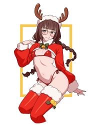 bikini braid braided_ponytail christmas christmas_outfit deer_antlers deer_horns female glasses lewdismug mole mole_above_mouth realda_(vibrantrida) round_glasses stockings thighhighs twin_braids vibrantrida