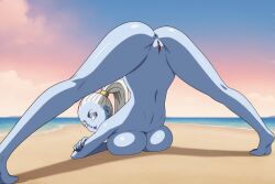 ai_generated beach blue_skin dragon_ball_super exhibitionism jack-o_pose nude_female outdoors vados