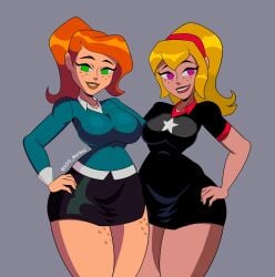 2girls ben_10 ben_10_alien_force ben_10_omniverse big_breasts blonde_hair dio_markez female female_only green_eyes gwen_tennyson gwen_tennyson_(alien_force) gwen_tennyson_(omniverse) hand_on_hip lucy_mann medium_breasts multiple_girls orange_hair ponytail purple_eyes smile tagme tight_clothing tight_skirt