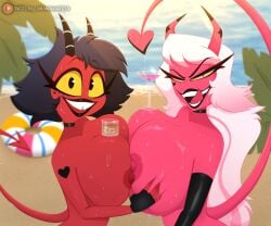 2demons alcohol alcoholic_drink avianaress beach black_hair drink_on_breasts female female_only giant_breasts helluva_boss imp large_breasts long_hair looking_at_viewer millie_(helluva_boss) pink_hair pink_skin pressing_breasts_together red_skin short_hair smile smiling smiling_at_viewer succubus succubus_horns succubus_tail titty_press verosika_mayday_(helluva_boss)