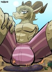 anthro balls beastars biped bovid bulge caprine clothing dall_sheep extreme_size_difference genitals group hi_res iyzeekiil larger_anthro larger_male male mammal micro outside pina_(beastars) sheep size_difference solo_focus underwear