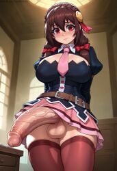 1futa ai_generated belt blush bow braid breasts brown_hair closed_mouth covered_nipples crown_braid erection futa_only futa_sans_pussy futanari hair_between_eyes hairbow hanirovn huge_cock indoors kono_subarashii_sekai_ni_shukufuku_wo! large_breasts large_testicles long_hair long_sleeves looking_at_viewer necktie penis penis_under_skirt pink_necktie pink_skirt red_eyes skirt solo solo_futa testicles thighhighs uncensored veins veiny_penis watermark yunyun_(konosuba)