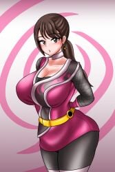 1girls alluring big_breasts bodysuit brown_eyes brown_hair earrings jewelry momochi_kasumi no_headwear pin_up shuriken_sentai_ninninger super_sentai treezero