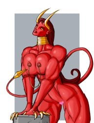 1girls chains_of_flesh demon_girl demon_tail female_only gold_(metal) gold_jewelry huge_breasts hyper_muscles jewelry muscular muscular_female nipple_chain nipple_piercing presenting_breasts red_body tail wanax yellow_eyes