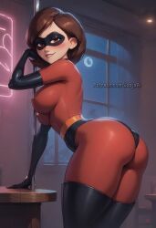 ai_generated bending_forward bending_over bent_over big_ass big_breasts blush bodysuit brown_hair bubble_butt disney elastigirl helen_parr jaajaai mask masked_female neon_lights night_club perky_breasts seductive seductive_smile smile superhero tagme the_incredibles thick_thighs thin_waist tight_clothing