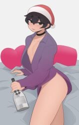 androgynous big_butt black_choker blush champagne_bottle christmas_headwear drunk exqmaster heart_pillow oc on_bed peter_(exqmaster) purple_clothing thick_thighs