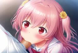 1boy 1boy1girl 1girls ai_generated blowjob blush breasts censored censored_penis clothed clothing fellatio female high_resolution highres looking_at_viewer male medium_breasts momoi_airi mosaic_censoring penis pink_eyes pink_hair pov project_sekai school schoolgirl uniform