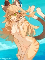 3:4 anthro breasts brown_body brown_fur creamytako felid feline female fur genitals genshin_impact green_eyes hair hi_res kirara kirara_(genshin_impact) long_hair mammal multi_tail navel nipples nude outside pussy seaside smile solo stripes tail teeth tongue