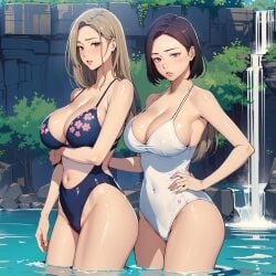 ai_generated alex-schura alex_schura big_breasts black_hair blonde_hair bushes busty cliff curvaceous curvaceous_female curvy curvy_body curvy_female curvy_figure floral_bikini hi_res long_hair manhwa mia_(secret_class) one-piece_swimsuit pairing river rocks secret_class short_hair sisters stable_diffusion sua_(secret_class) swimsuits trees two_girls water waterfall white_bikini