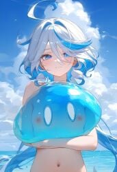 1girls 4k ahoge ai_generated alekarl belly belly_button blue_eyes blue_highlights blush blush breasts cloud clouds cowboy_shot cute furina_(genshin_impact) genshin_impact heterochromia hi_res high_resolution highres holding holding_object hydro_slime_(genshin_impact) light-skinned_female light_skin looking_at_viewer naked naked_female nipples nude nude_female out-of-frame_censoring petite pink_nipples seagull seagulls see-through sky slime slime_(genshin_impact) small_breasts smile uncensored water wet wet_body wet_skin white_hair