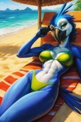 abs ai_generated anthro athletic athletic_anthro athletic_female avian beach beak bikini bird birdovo breasts clothing feathers female macaw navel neotropical_parrot panties parrot sea seaside slim_body solo spix's_macaw swimwear tail_feathers true_parrot underwear water