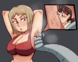 2d 2girls armpit_fetish armpits arms_behind_head arms_up blonde_hair chainsaw_man clothed_female color female_only giantess higashiyama_kobeni larger_female macro micro ponytail red_eyes sawatari_akane size_difference smaller_female smothering snake_devil_(chainsaw_man) snake_tail steam steaming_armpits stubble sweat sweatdrop tiny_girl veruveru21