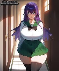 1girls ai_generated blue_eyes breasts female female_only highschool_of_the_dead huge_ass huge_breasts large_breasts light-skinned_female light_skin naked_apron purple_hair saeko_busujima school_uniform solo