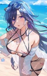 1girls 2d 2d_(artwork) alternate_costume beach big_breasts bikini bikini_bottom bikini_top black_bikini black_bikini_bottom black_bikini_top black_swimsuit blue_hair cleavage clorinde_(genshin_impact) clouds day female female_focus female_only front_view fuwa2 genshin_impact high_resolution highres hoyoverse long_hair looking_at_viewer mature mature_female mihoyo multi-strapped_bikini ocean outdoors purple_eyes revealing_clothes revealing_swimsuit sand sky slim_girl solo solo_female solo_focus standing summer sunglasses sunglasses_on_head swimsuit water wet wet_body