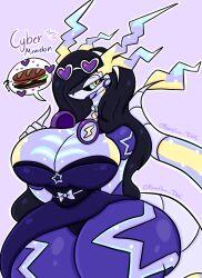 anthro big_breasts breasts clothing dress electronics eyewear female food future_pokemon generation_9_pokemon glasses hair headphones hi_res legendary_pokemon lewdchuu_(artist) miraidon nintendo paradox_pokemon pokemon pokemon_(species) purple_body purple_hair sandwich_(food) solo thick_thighs ultimate_mode_miraidon yellow_eyes