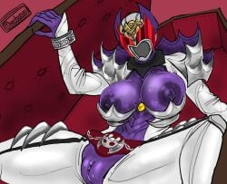 armored_female coffin exposed_breasts exposed_pussy helmet hikari_natsumi kamen_rider kamen_rider_decade_(series) kamen_rider_kivala large_breasts masked_female phantomas(artist) purple_body purple_nipples purple_pussy sweat