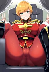 1girls ai_generated breasts cameltoe cyborg_okara female gundam gundam_unicorn looking_at_viewer mineva_lao_zabi okara orange_hair pussy red_clothing sitting_down spread_legs