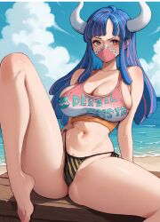 1girls ai_generated bare_arms bare_legs bare_shoulders bare_thighs beach big_breasts bikini_bottom blush clothed clothing color female female_focus female_only gardener_ai hi_res horns large_breasts light-skinned_female light_skin long_hair looking_at_viewer mask multicolored_hair one_piece pink_eyes pussy_visible_through_clothes sand sea shirt shounen_jump solo solo_female tagme thick_thighs ulti_(one_piece) water