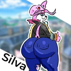 anthro ass big_butt blue_eyes bottomwear clothing day74art eeveelution generation_6_pokemon hat headgear headwear jacket male nintendo pants pink_body pokemon pokemon_(species) rear_view smile solo sylveon thick_thighs topwear