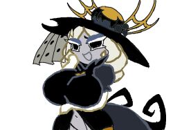 1girls arm_under_breasts big_breasts black_eyes breasts breasts_bigger_than_head clothed color_edit colored cookie_run cookie_run_ovenbreak dress fan_edit female hand_on_breast hand_on_head hat milf monochrome navel older_female open_mouth smile solo tagme truffle_cookie