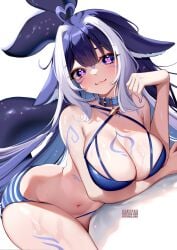 1girls 2d animal_ears ass bare_shoulders bedroom_eyes belly belly_button bikini blue_eyes blue_hair blush body_markings breasts butt cleavage closed_mouth clothing collar cute dark_blue_hair digital_drawing_(artwork) female female_focus female_only hair heart-shaped_pupils hips indie_virtual_youtuber large_breasts laying_on_side legs legs_together light-skinned_female light_skin long_hair looking_at_viewer lying midriff navel open_eyes orca_girl panties purple_eyes shiny_skin shylily simple_background smile solo squchan tail thighs thin_waist two_tone_hair virtual_youtuber wet white_hair