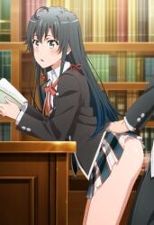 ai_generated black_hair blue_eyes blush censored from_behind from_behind_position my_teen_romantic_comedy_snafu shocked_expression skirt vaginal_penetration yukinoshita_yukino