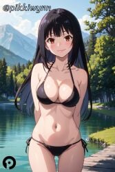 ai_generated arms_behind_back ass_visible_through_thighs bangs bare_arms bare_shoulders bikini black_bikini black_hair blue_sky blush breasts brown_eyes cleavage closed_mouth cloud collarbone cowboy_shot day female groin halterneck jabami_yumeko kakegurui lake large_breasts lips long_hair looking_at_viewer medium_breasts mountain nature navel outdoors pikkiwynn side-tie_bikini_bottom sky smile solo standing stomach string_bikini swimsuit thighs tree water