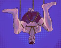 1boy arms_behind_back blush bondage erection_under_clothes jojo's_bizarre_adventure meatandgreet nervous okuyasu_nijimura pasties rope rope_bondage scar shirtless sweat upside-down