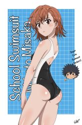 1girls 2020s 2024 ass bare_hips bare_shoulders bare_thighs blush border breasts brown_eyes brown_hair character_name competition_school_swimsuit competition_swimsuit english_text female from_behind hi_res looking_at_viewer looking_back matching_hair/eyes misaka_mikoto nashdnash2007 one-piece_swimsuit parted_lips school_swimsuit short_hair shy signature small_breasts solo standing swimsuit teenage_girl teenager thighs to_aru_kagaku_no_railgun to_aru_majutsu_no_index tokiwadai_school_swimsuit white_border young