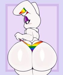 absurd_res anthro ass big_butt biped blush clothed clothing hi_res huge_butt lagomorph leporid male mammal mel_doce_(virito) multicolored_clothing multicolored_underwear pride_colors pupils rabbit rainbow_clothing rainbow_underwear rear_view thick_thighs thong topless underwear virito white_body