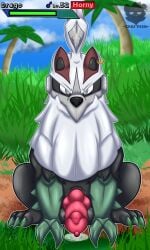 absurd_res angry animal_genitalia animal_penis aroused balls big_balls black_body bodily_fluids canid canine canine_genitalia canine_penis chimera claws digital_media_(artwork) drago_tempest_(woofington_gator) ear_piercing feral front_view fur gender_symbol generation_7_pokemon genital_fluids genitals hi_res knot knotted_penis legendary_pokemon looking_at_viewer male male_symbol mammal nintendo nude penis piercing pokemon pokemon_(species) precum precum_on_ground presenting ring_piercing silvally sitting solo standing symbol text thick_thighs vein veiny_penis woofington_gator