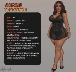 ass big_ass big_breasts biography breasts character_profile dark-skinned_female ebony high_heels jazmine_thompson_(rocner) mature_female measurements milf model_sheet oc original original_character rocner standing stats text tight_dress uncensored wide_hips