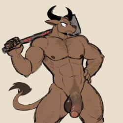 60percentscalie anthro balls bovid bovine digital_media_(artwork) european_mythology fur genitals greek_mythology hammer hi_res holding_object holding_weapon horn humanoid_genitalia humanoid_penis male mammal melee_weapon minotaur muscular muscular_male mythology nipples nude nude_anthro nude_male penis red_eyes simple_background sledgehammer solo tail tail_tuft tools tuft vasara_(60percentscalie) weapon weapon_on_shoulder