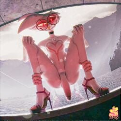 1boy 3d_(artwork) 4_arms 5_fingers angel_dust angel_dust_(hazbin_hotel) anthro arachnid arthropod artist_request balls barely_visible_balls barely_visible_genitalia big_glasses black_choker black_jewelry black_necklace choker clothed clothing crossdressing crouching dastashy day digital_media_(artwork) dutch_angle eyewear femboy fingers fisheye_lens flaccid footwear front_view full-length_portrait genitals glass glasses gold_(metal) gold_tooth grin grinning_at_viewer hand_on_knee hand_on_leg hand_on_own_knee hand_on_own_leg hazbin_hotel hellaverse heterochromia hi_res high_heels humanoid_genitalia humanoid_penis jewelry lens_flare looking_at_viewer male multi_arm multi_limb navel necklace non-mammal_balls non-mammal_navel orange_eyes penis pink_eyes portrait reflection round_glasses sea sharp_teeth shoes smile smiling_at_viewer solo spider spider_demon teeth water watermark wearing_glasses white_body window