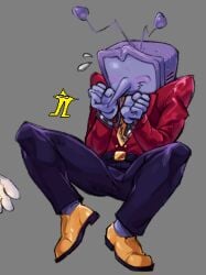 1boy 2025 antennae blush blush bondage clothed clothed_male clothes clothing deltarune deltarune_chapter_3 digital_drawing_(artwork) digital_media_(artwork) handcuffs male male_only pointy_nose restrained restraints sitting sitting_down solo solo_focus solo_male suit tenna_(deltarune) the_original_starwalker tied tied_arms tied_hands tv tv_head
