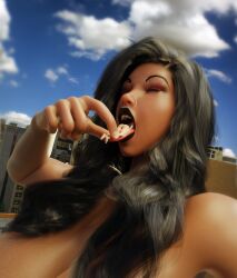 3d big_breasts black_lipstick breasts closed_eyes dark-skinned_female dark_skin female female_focus female_pred giantess macro nude open_mouth oral_vore renö solo_focus tongue tongue_out vore