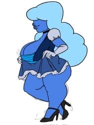 bangs_over_eyes big_ass big_breasts big_lips blue_hair blue_skin breast_veins choker cleavage dress dress_lift elbow_gloves female fully_clothed fully_clothed_female gem_(species) gloves high_heels lipstick long_hair sapphire_(steven_universe) seanmalikdesigns shortstack smmyart steven_universe thick_thighs veiny_breasts