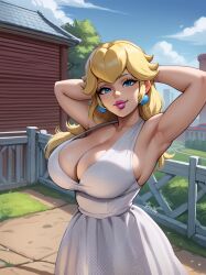 1girls ai_generated armpits arms arms_behind_head artist_request big_breasts blonde_hair blue_eyes breasts cleavage earrings female huge_breasts large_breasts lips long_hair looking_at_viewer makeup mario_(series) nintendo pink_lipstick princess_peach seductive seductive_look seductive_smile sexy_armpits source_request stable_diffusion white_dress