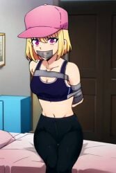 ai_generated arms_behind_back arms_tied_behind_back bed blonde_hair bondage bound bound_arms bra cap cha_hae_in duct_tape duct_tape_gag gag gagged leggings looking_at_viewer pink_cap purple_eyes restrained short_hair sitting_on_bed solo solo_leveling tape_bondage tape_gag taped_arms taped_mouth