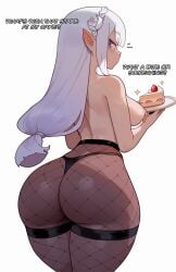 1girls ai_assisted ai_generated ass blush breasts dialogue emilia_(re:zero) english_text female honkibooty large_ass light-skinned_female light_skin long_hair pointy_ears purple_eyes re:zero_kara_hajimeru_isekai_seikatsu simple_background thick_thighs white_hair wide_hips