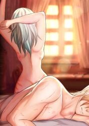 1boy 1girls arm_behind_head arm_up backboob blonde_hair breasts byleth_(fire_emblem) byleth_(fire_emblem)_(female) completely_nude dimitri_alexandre_blaiddyd fire_emblem fire_emblem:_three_houses grin indoors medium_breasts nintendo nude nude_female nude_male on_side scar short_hair sleeping smile stretching sunrise trinaenigma window