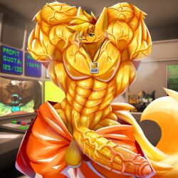 abs anthro balls big_muscles big_penis blonde_hair blue_clothing bodily_fluids bottomwear bottomwear_down canid canine clothed clothing erection fennec_fox fox fur genitals hair hands_behind_head hi_res huge_cock huge_muscles hyper hyper_genitalia hyper_penis jewelry looking_at_viewer male mammal muscular muscular_anthro muscular_male name_tag necklace orange_bottomwear orange_clothing orange_pants pants pants_down partially_clothed pecs penis purple_eyes solo sweat sweaty_body sweaty_genitalia sweaty_penis taiko-sihori tail true_fox vein veiny_arms veiny_muscles veiny_penis yellow_body yellow_fur