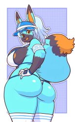 anthro armband ass biceps big_ass big_breasts big_butt bikini bikini_top black_body black_fur blue_body blue_fur blue_hair breasts canid canine canis clothed clothing clothing_lift dipstick_tail eyebrow_through_hair eyebrows female female_anthro fingerless_gloves fingers footwear fur gloves gloves_(marking) hair handwear hi_res huge_ass huge_breasts huge_butt kemono kinshun76501 legwear long_hair looking_at_viewer looking_back mammal markings nipples orange_eyes rear_view simple_background socks solo swimwear tail tail_markings thick_thighs thigh_highs thigh_socks topwear translucent translucent_hair wide_hips