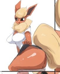 1girls ass cleavage clothed clothing creatures_(company) eeveelution female female_focus female_only flareon game_freak generation_1_pokemon genitals menyang my700 nintendo orange_body pokémon_(species) pokemon pokemon_(species) skirt skirt_lift solo tail