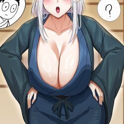 1girls ? big_breasts blush breasts breasts_bigger_than_head cleavage elf elf_ears elf_female elf_girl emilia_(re:zero) hands_on_hips head_out_of_frame huge_breasts japanese_clothes open_clothes re:zero_kara_hajimeru_isekai_seikatsu silver_hair solo_female solo_focus standing william23784331 yukata