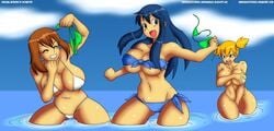 3girls alternate_breast_size angry belly bikini blonde_hair blue_eyes blue_hair blue_sky breasts brown_hair chest classic_enf_pose cleavage clenched_fist clenched_teeth closed_eyes clouds covering crotch dawn_(pokemon) elbow elbows embarrassed embarrassed_nude_female enf eyebrows eyelashes female female_only fingers fist grin holding_bikini_bottom holding_bikini_top human human_only kasumi_(pokemon) large_breasts legs long_hair may_(pokemon) multiple_girls navel nude ocean open_mouth orange_hair pokemon ponytail sea shoulders sky skyraptor spread_legs stolen_bikini stolen_swimsuit stomach teeth thighs thong tied_hair tongue unhappy upset water